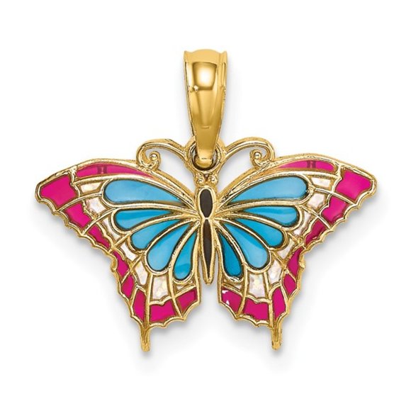 14k Yellow Gold MINI Yellow Pink Aqua Green red/blue Enameled Butterfly Charm - Picture 8 of 8